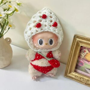 Springtime Labubu in Pink Overalls – Bunny Ear Hat Model